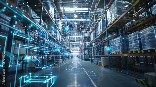 Fototapeta A modern warehouse showcasing advanced inventory management and automation systems, with illuminated shelves and digital interfaces in a busy logistics center
