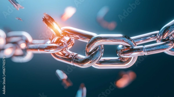 Fototapeta A broken iron chain with pieces of floating metal and sparks around it falls down