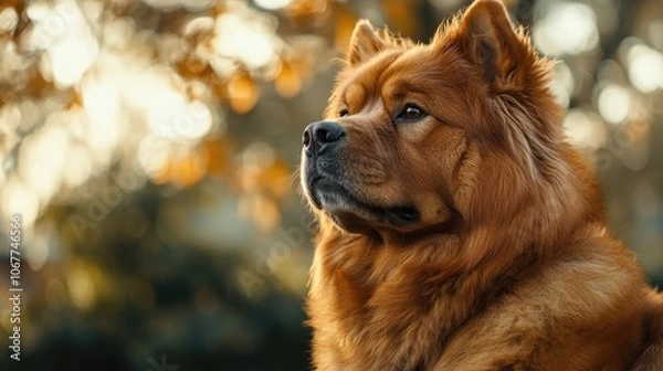 Fototapeta A close-up portrait of a red Chow Chow dog with soft fur, looking intently into the distance with a thoughtful expression.