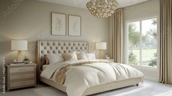 Fototapeta A Luxurious Modern Bedroom with a Beige Upholstered Bed and a Large Window
