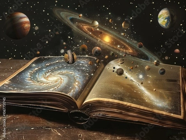 Fototapeta A book with a galaxy and planets inside. AI.