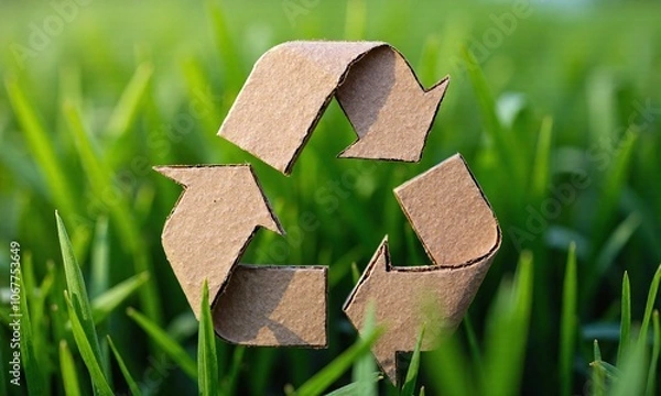Obraz Recycling symbol cardboard texture green grass background eco