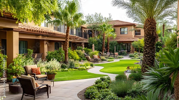 Obraz Inviting Exterior of a Senior Living Community, Featuring Gardens, Walking Paths, and Comfortable Outdoor Seating . 4k image