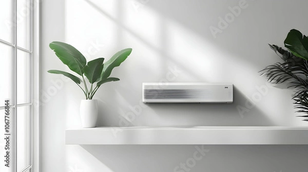 Fototapeta Modern Mini Split Heat Pump Installed on a White Wall, Featuring Sleek Design and Digital Display for Efficient Climate Control . 4k image