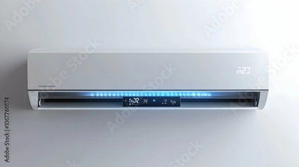 Fototapeta Modern Mini Split Heat Pump Installed on a White Wall, Featuring Sleek Design and Digital Display for Efficient Climate Control . 4k image