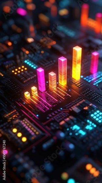 Fototapeta Minimalist stock market bar chart in neon colors on a clean white background