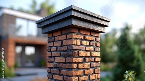Fototapeta Close-up of a brick pillar with a black cap.