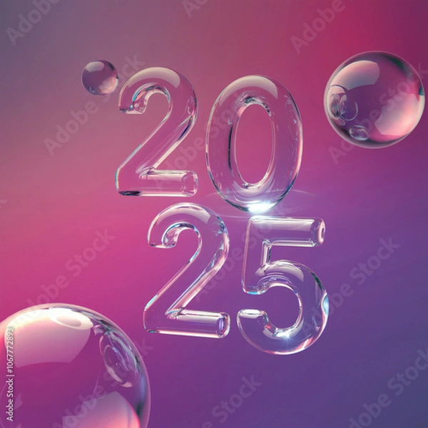Fototapeta 3D transparent glass-like 2025 text floating in the air with purple gradient background