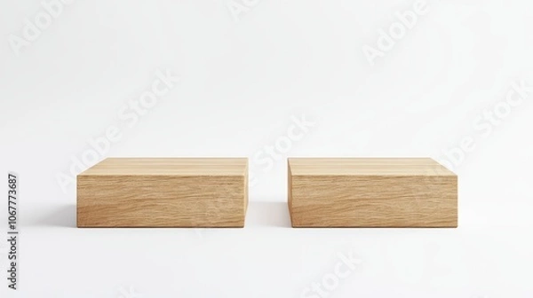 Fototapeta A minimal and simple design featuring two rectangular wooden podiums side by side on an empty white background