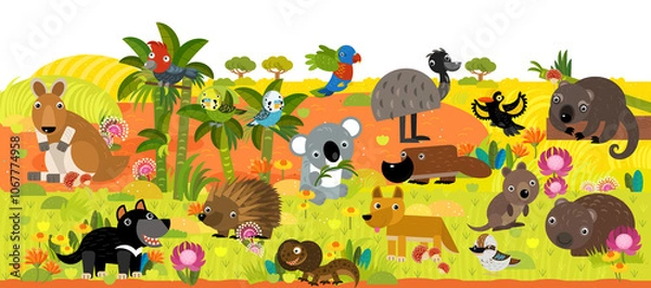 Fototapeta cartoon scene with frame border template with african animals and nature like kangaroo koala dingo tasmanian devil emu duck platypus parrot birds and other with space for text illustration for kids
