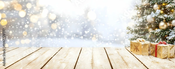 Fototapeta Holiday image background - A festive scene with a snowy background, a decorated tree, and gift boxes.