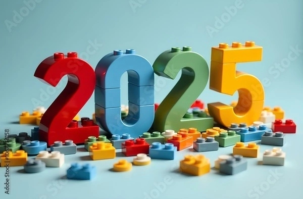 Fototapeta The image showcases colorful blocks arranged as the year 2025, on a light background with scattered building pieces