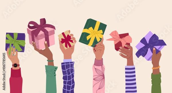 Obraz Different hands holding gift boxes. People give and exchange holiday presents. Hand drawn vector vector illustration isolated on light background, modern flat cartoon style.