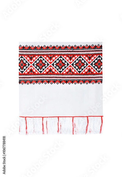 Fototapeta Ukrainian Traditional Embroidered Towel with Red and Black Geometric Patterns