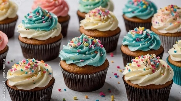 Fototapeta A colorful assortment of cupcakes with frosting and sprinkles, perfect for celebrations.