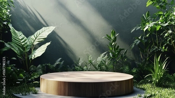 Fototapeta 3D podium in a lush tropical setting, surrounded by vibrant green plants, creating a fresh exhibition area for displays