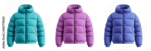 Fototapeta Set of Trendy pastel soft turquoise, lilac, violet colored down puffer colorful winter down jacket hooded parka jacket, mockup, template, product presentation, on isolated transparent background, png
