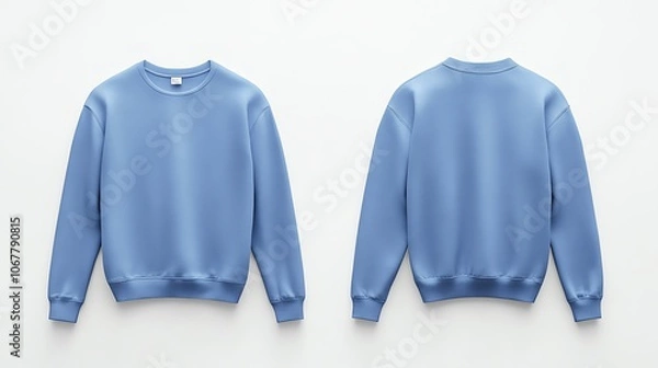 Fototapeta Front and back view mockup of a powder blue longsleeved tshirt on a white background, realistic texture, clean and sharp presentation