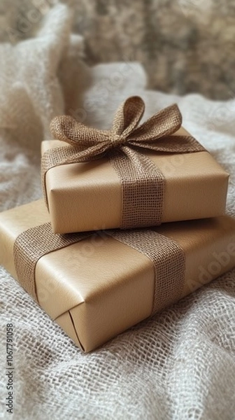 Fototapeta Craft gift boxes with burlap ribbon bow on linen background. Natural eco-friendly present wrapping. Minimal rustic composition.