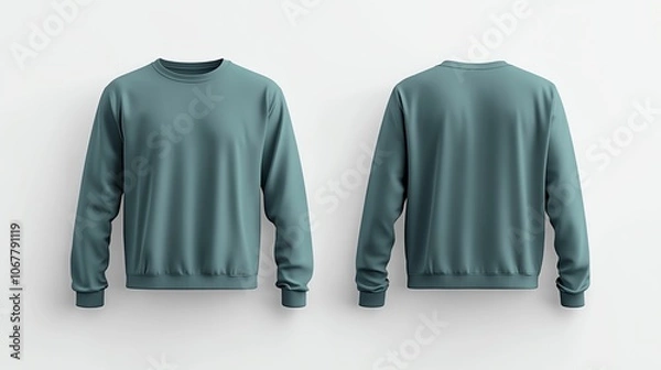 Fototapeta Front and back view mockup of a soft teal longsleeved tshirt on a white background, smooth fabric texture, realistic shadow effects, minimalist style