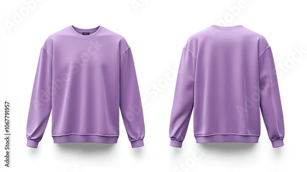 Fototapeta Front and back view mockup of a soft lilac longsleeved tshirt on a white background, realistic texture, minimalistic design, sharp edges