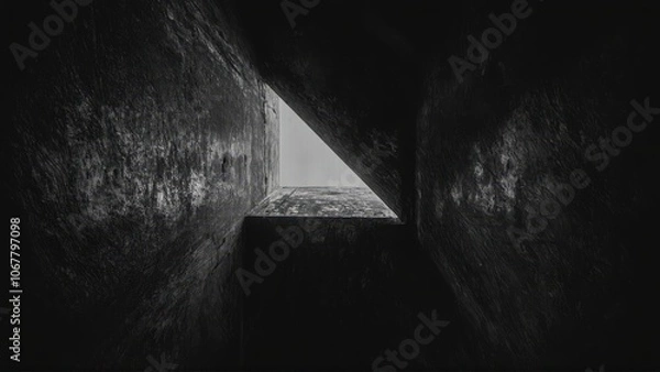 Fototapeta Generative AI, Dark, dramatic black-and-white architectural photograph of towering concrete walls with minimal light and sharp geometric contrasts
