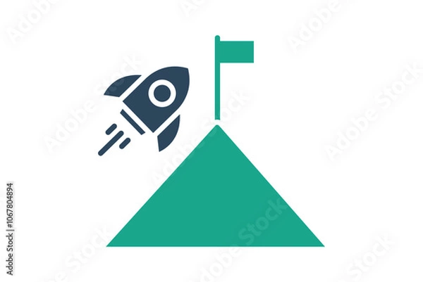 Fototapeta Mission icon. solid icon style. rocket with mountain and flag. icon related to motivation. success elements vector illustration
