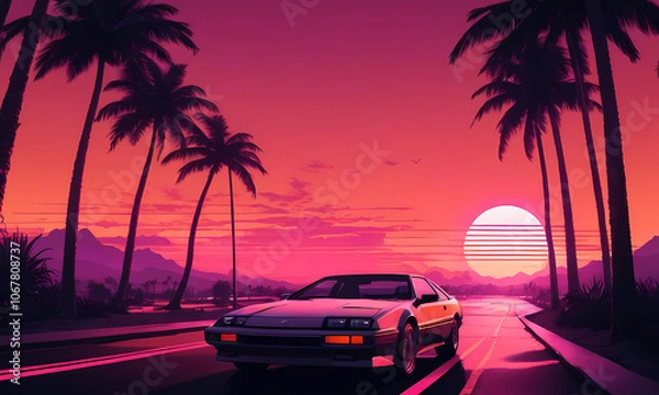 Fototapeta Outrun Synthwave style background with palm trees and a sunset, featuring vintage car ride on the road and neon lights