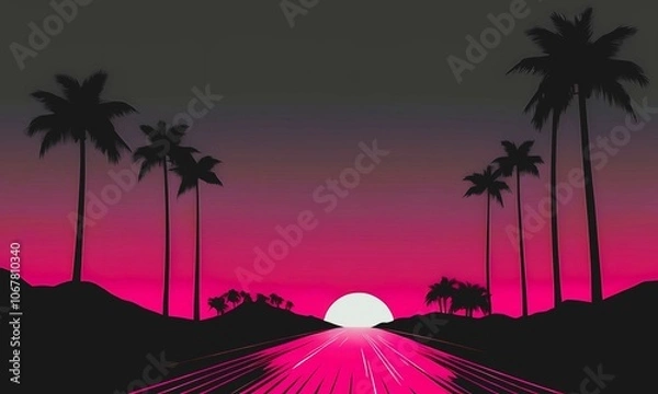 Fototapeta Outrun Synthwave style background with palm trees and a sunset, featuring the highway road with neon lights towards the sun