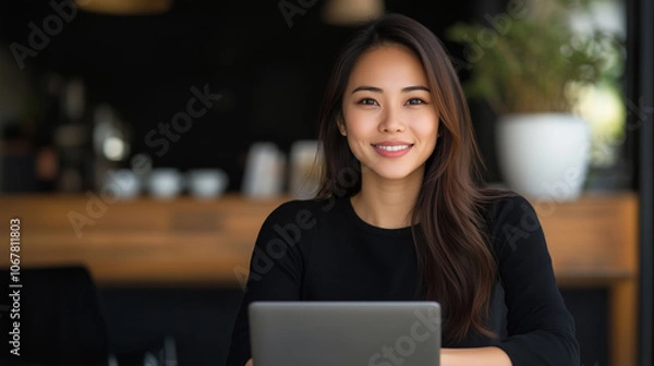 Fototapeta confident woman smiles while working on laptop in cozy cafe setting, showcasing blend of professionalism and warmth.