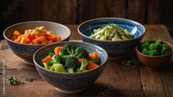 Fototapeta A vibrant display of fresh vegetables in bowls, showcasing healthy eating.