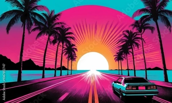 Fototapeta Outrun Synthwave style background with palm trees and a sunset, featuring vintage car ride on the highway road toward the sun and neon lights