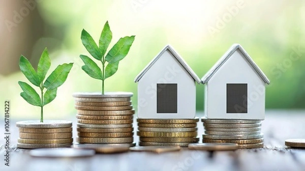 Obraz A creative representation of growth, featuring miniature houses and plants atop stacks of coins, symbolizing the investment in sustainable living.