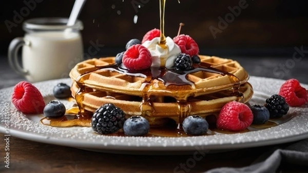 Fototapeta A stack of waffles topped with syrup, berries, and whipped cream, served on a plate.