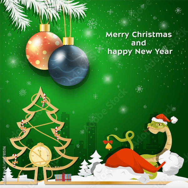 Obraz Christmas and New Year greetings Christmas balls hang on tree branches a snake peeks out from behind Santas hat
