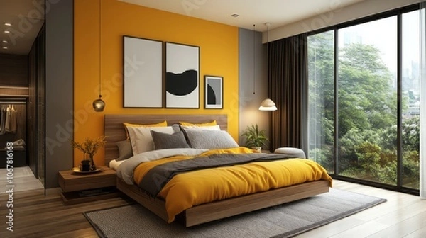 Fototapeta Modern bedroom with yellow bedding and large windows overlooking greenery