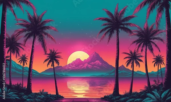 Fototapeta retrowave sunset background with lake, mountains and palm trees