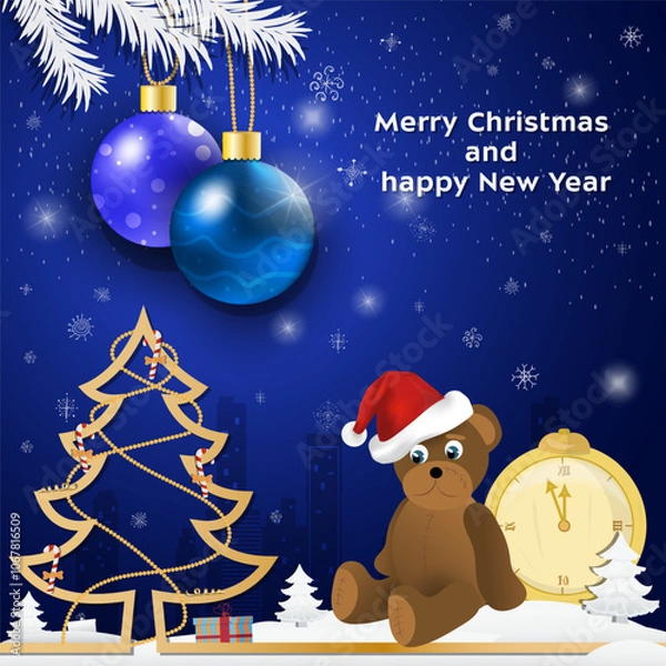 Obraz Christmas and New Year greetings Christmas balls hanging on tree branches a bear toy in a Santa Claus hat
