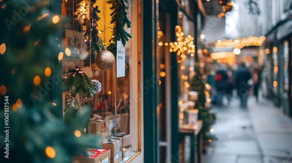 Fototapeta Small Business Saturday with local shops decorated and welcoming customers