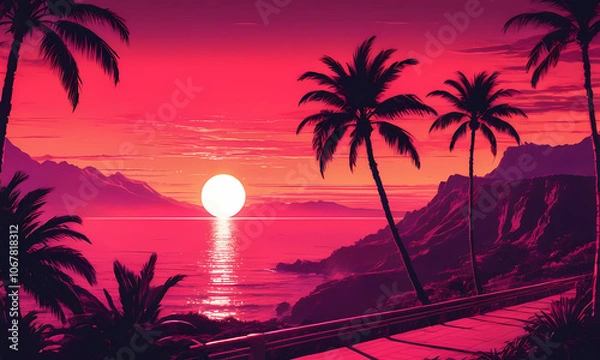 Fototapeta retrowave sunset background with lake and palm trees