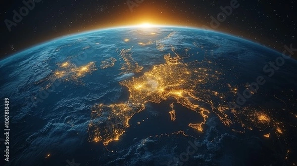 Obraz Earth from Space at Sunrise with City Lights. Generative AI