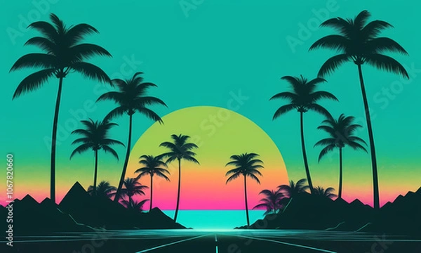 Fototapeta Synthwave background with palm trees and a sunset, featuring the highway road with neon lights towards the sun