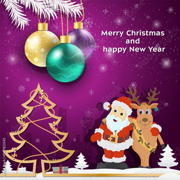 Obraz Christmas and New Year greetings Christmas tree balls hanging on tree branches Santa Claus and Reindeer hugging