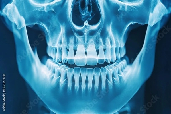 Fototapeta A front-facing x-ray of a human skull, showcasing the intricate bone and jaw structures with an ethereal blue light highlighting every subtle feature.
