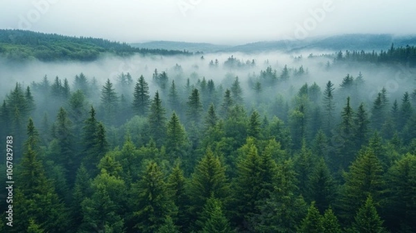 Obraz Explore the enchanting misty green forest canopy from above, where natures beauty thrives on a foggy dawn.