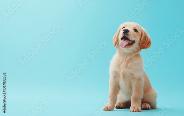Fototapeta Golden retriever puppy sitting happily with tongue out against blue background, showcasing its playful and friendly nature