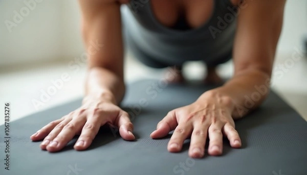 Fototapeta Close-up image of a person's hands on a yoga mat, focusing on their practice and mindfulness. The scene conveys a sense of calm and concentration in a peaceful setting.

