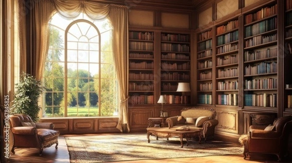 Fototapeta A sunlit library with floor-to-ceiling bookshelves, two leather armchairs, a coffee table, and a large arched window overlooking a garden.