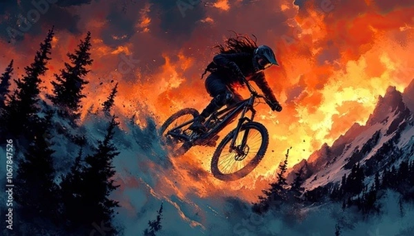 Fototapeta A mountain biker rides through an orange sky. This image is perfect for illustrating articles about mountain biking and outdoor adventure.