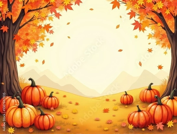 Fototapeta Whimsical Thanksgiving Pumpkin Patch Illustration: Storybook-Inspired Watercolor Scene with Vibrant Autumn Colors. Charming Pathway Through Diverse Pumpkins and Fall Foliage with Magical Morning Dew